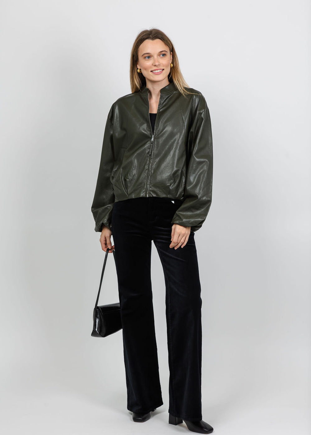 BK Boja Vegan Leather Blouson Jacket in Hunter Green available at Barbara Katz