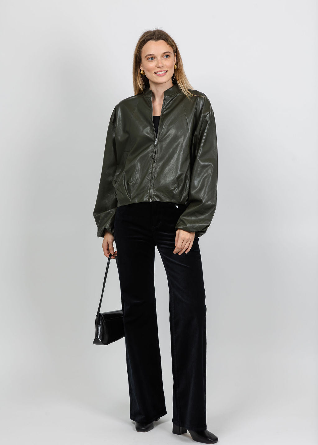 BK Boja Vegan Leather Blouson Jacket in Hunter Green available at Barbara Katz