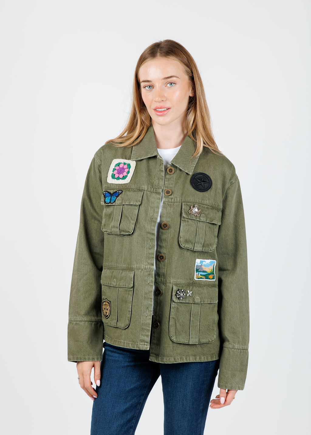 BK Brady Patch Shacket in Fatigue Green available at Barbara Katz