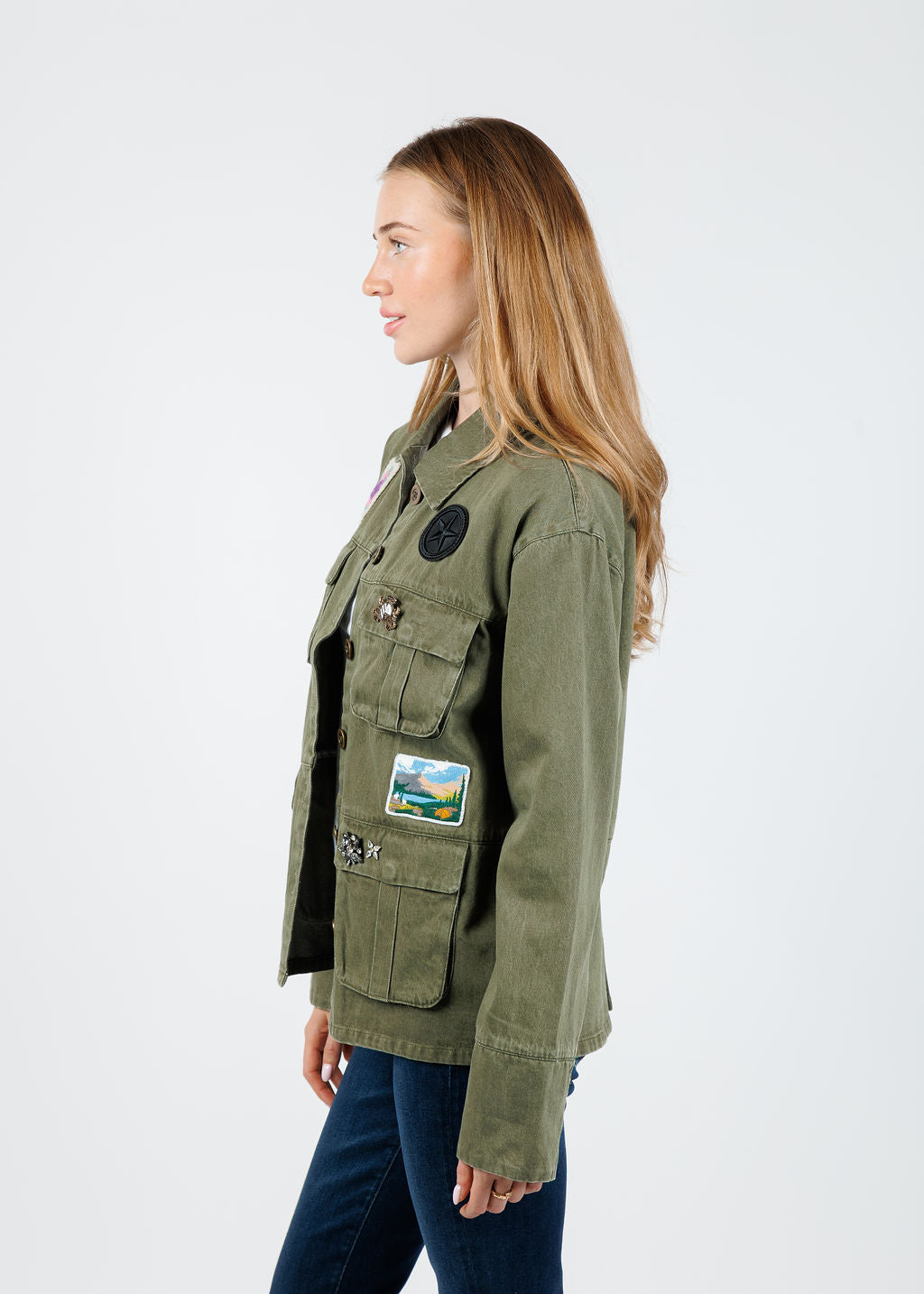 BK Brady Patch Shacket in Fatigue Green available at Barbara Katz