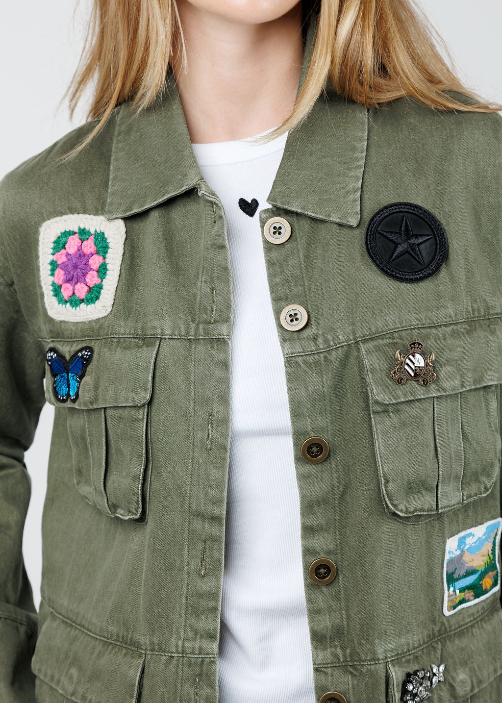 BK Brady Patch Shacket in Fatigue Green available at Barbara Katz