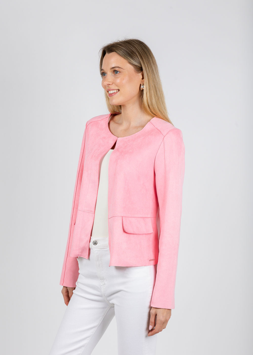BK Brisia Faux Suede Jacket in Cotton Candy available at Barbara Katz