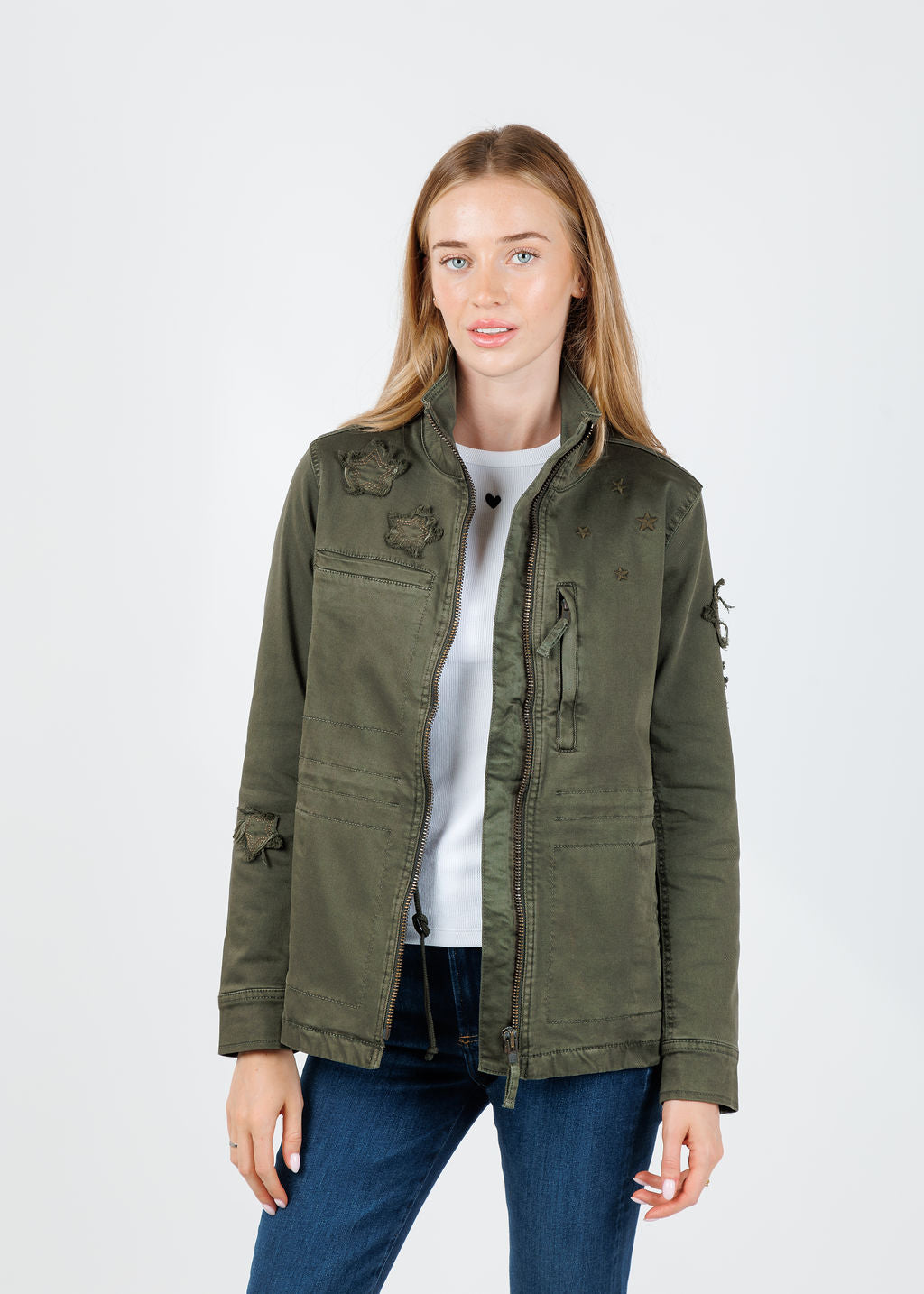 BK Butterfly Embroidery Cotton Blend Jacket in Army available at Barbara Katz