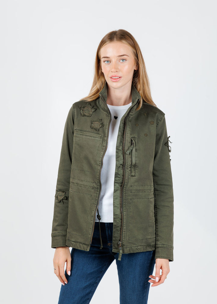 BK Butterfly Embroidery Cotton Blend Jacket in Army available at Barbara Katz