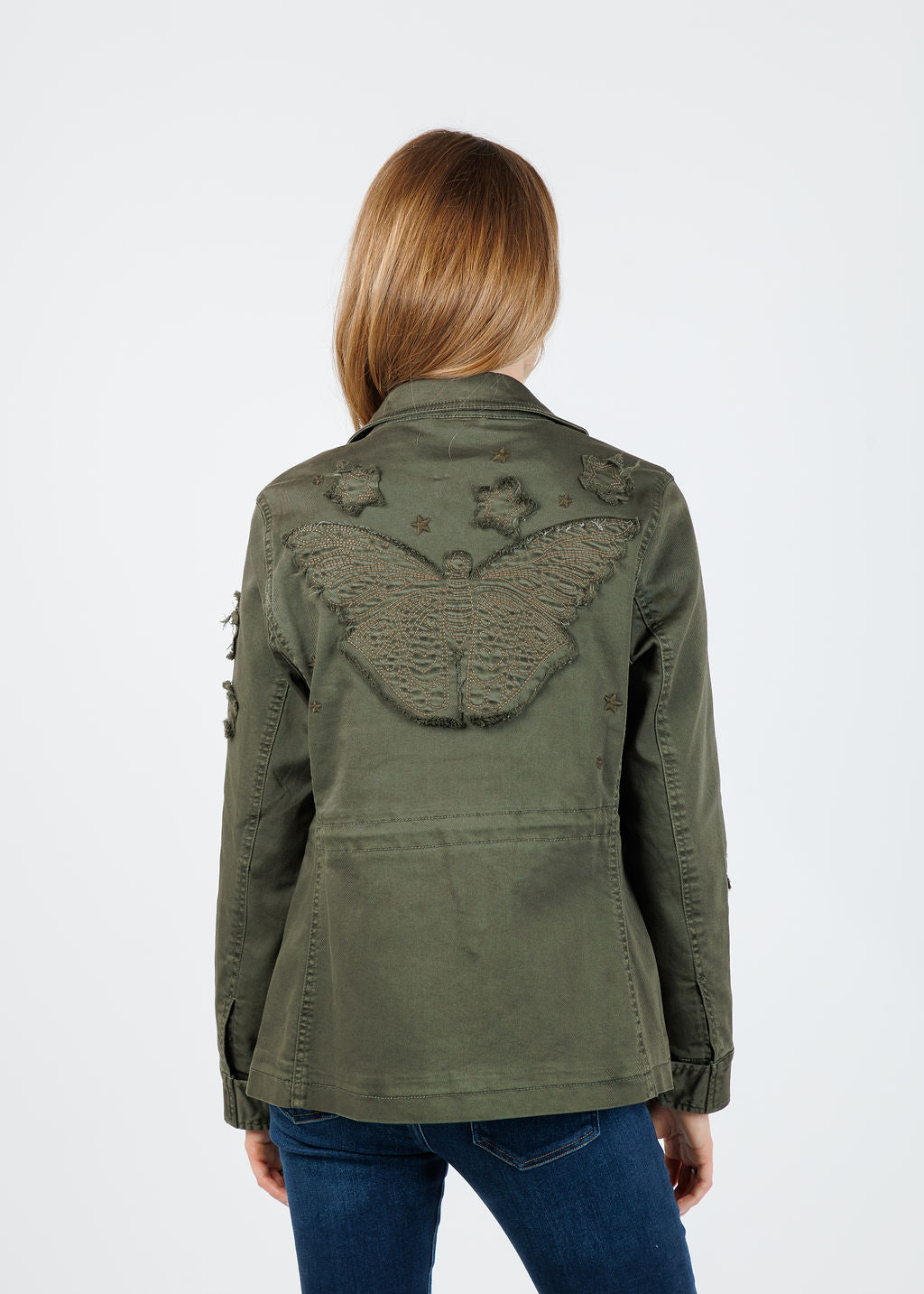BK Butterfly Embroidery Cotton Blend Jacket in Army available at Barbara Katz