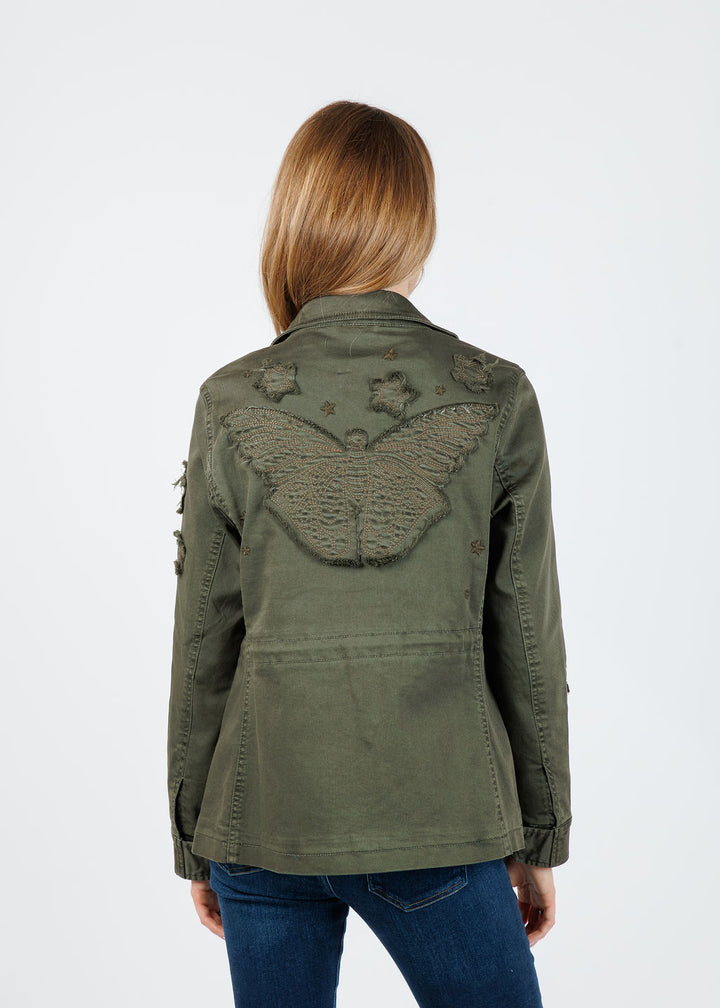 BK Butterfly Embroidery Cotton Blend Jacket in Army available at Barbara Katz
