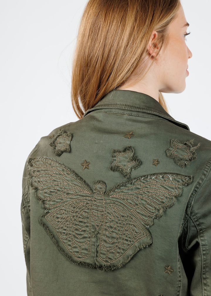 BK Butterfly Embroidery Cotton Blend Jacket in Army available at Barbara Katz