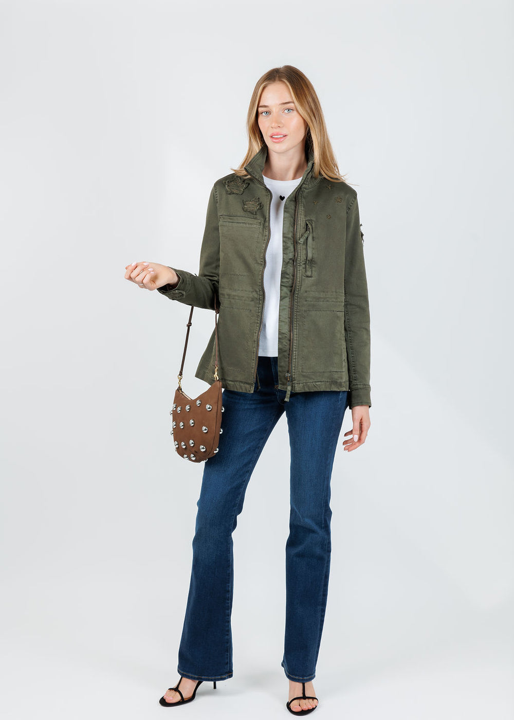 BK Butterfly Embroidery Cotton Blend Jacket in Army available at Barbara Katz