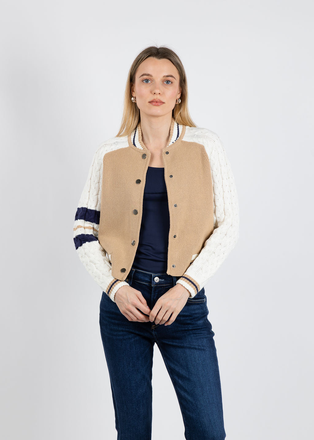 BK Calli Cable Sleeve Knit Bomber Jacket in Camel available at Barbara Katz