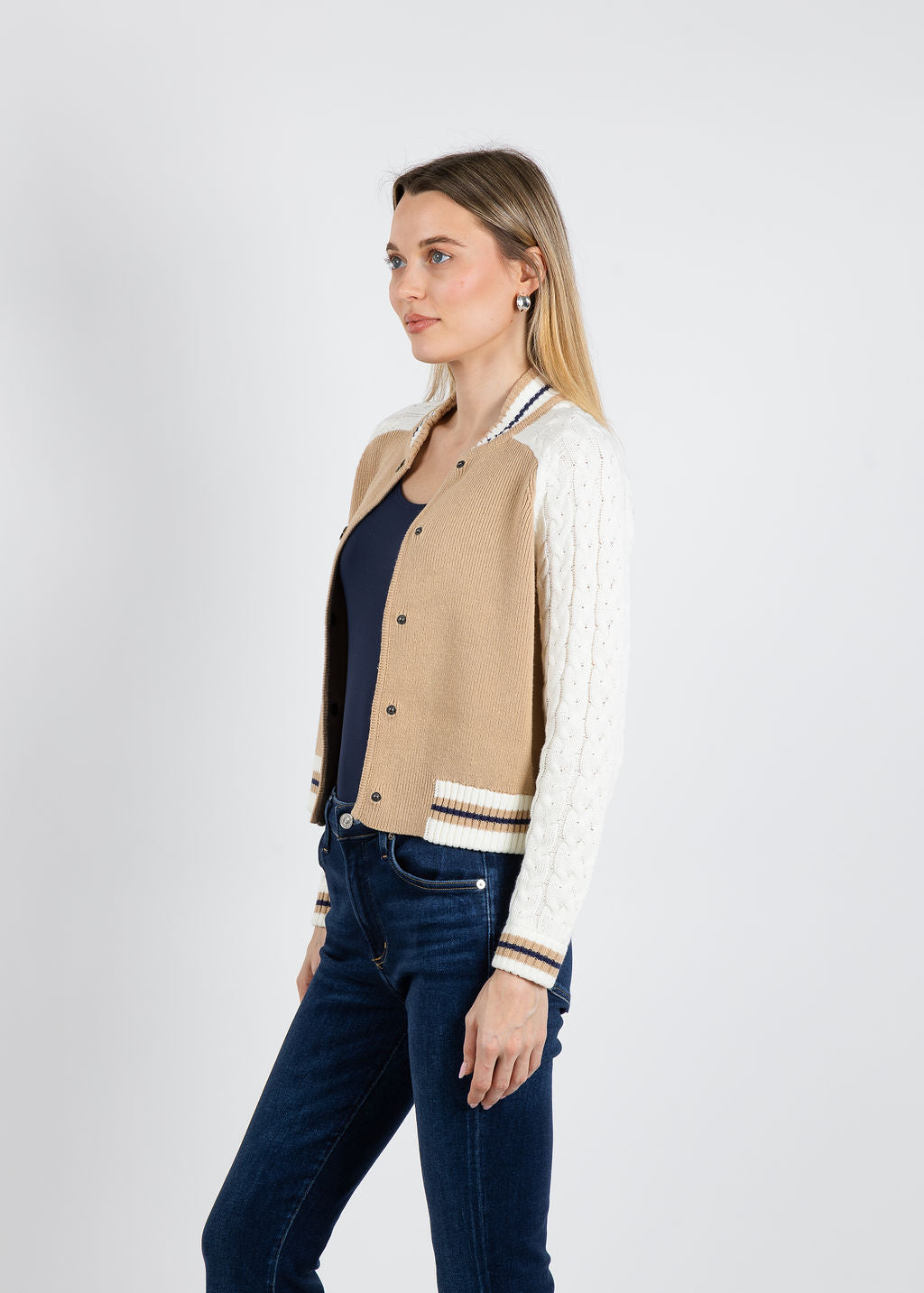BK Calli Cable Sleeve Knit Bomber Jacket in Camel available at Barbara Katz