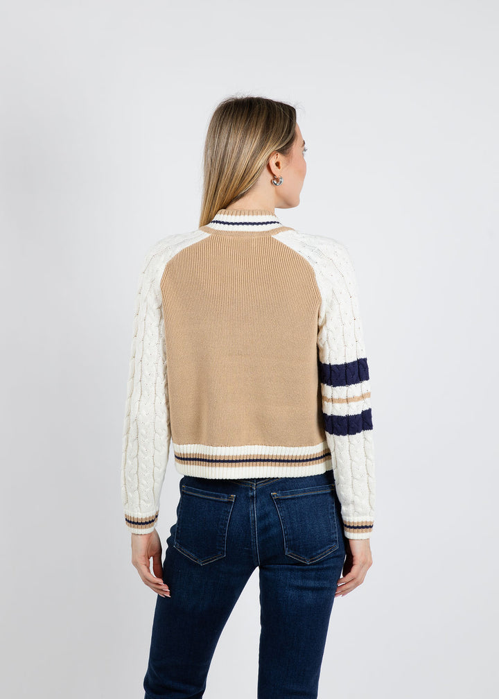 BK Calli Cable Sleeve Knit Bomber Jacket in Camel available at Barbara Katz