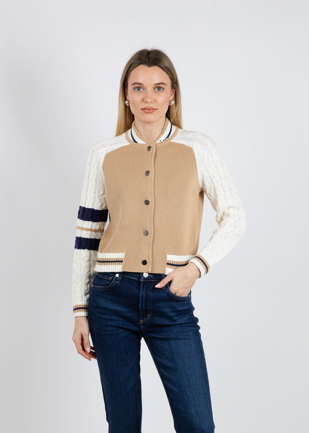 BK Calli Cable Sleeve Knit Bomber Jacket in Camel available at Barbara Katz