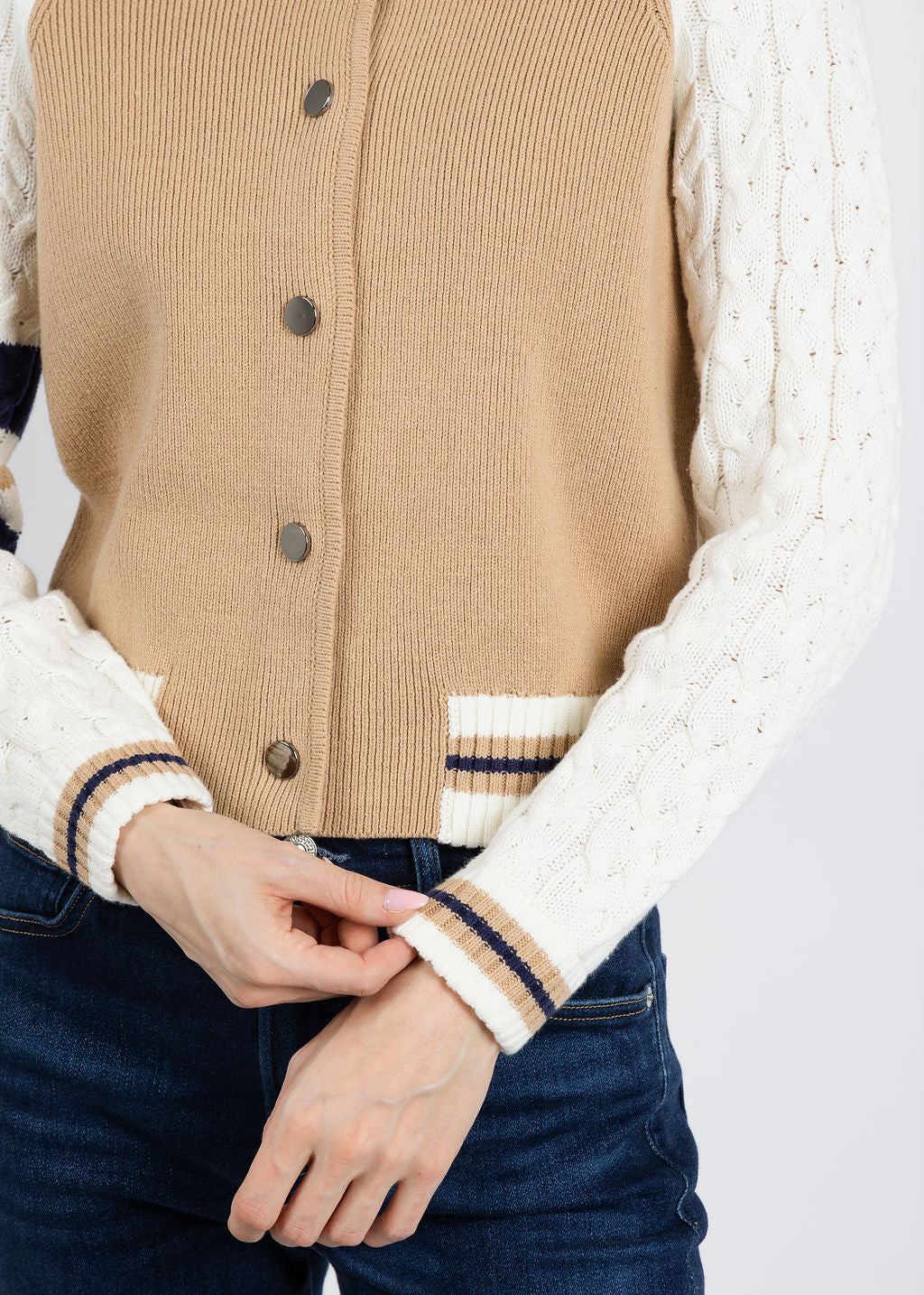BK Calli Cable Sleeve Knit Bomber Jacket in Camel available at Barbara Katz