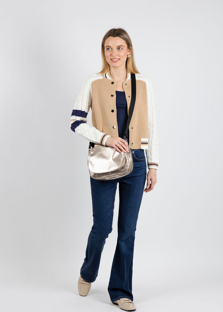 BK Calli Cable Sleeve Knit Bomber Jacket in Camel available at Barbara Katz