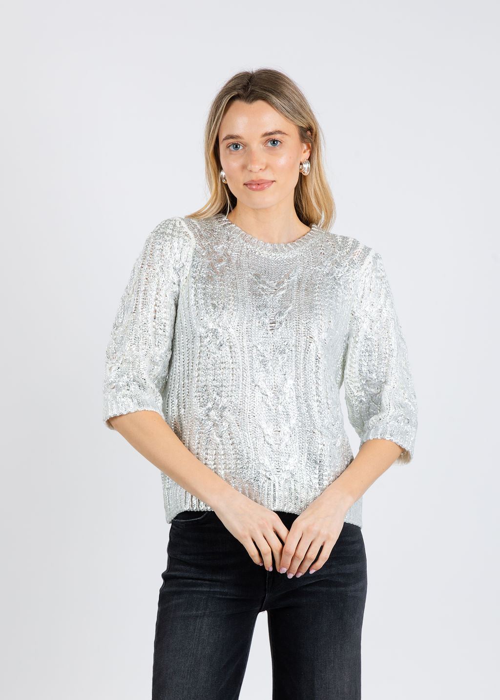 BK Casey Cable Metallic Sweater in White available at Barbara Katz