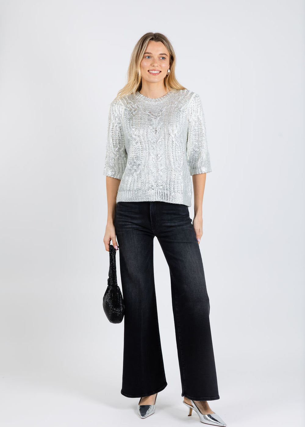 BK Casey Cable Metallic Sweater in White available at Barbara Katz