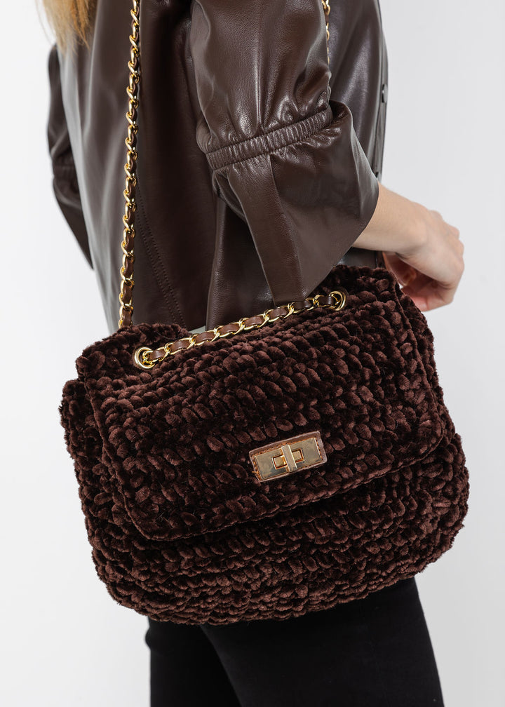 BK Chenille Flap Bag with Chain Strap in Brown available at Barbara Katz