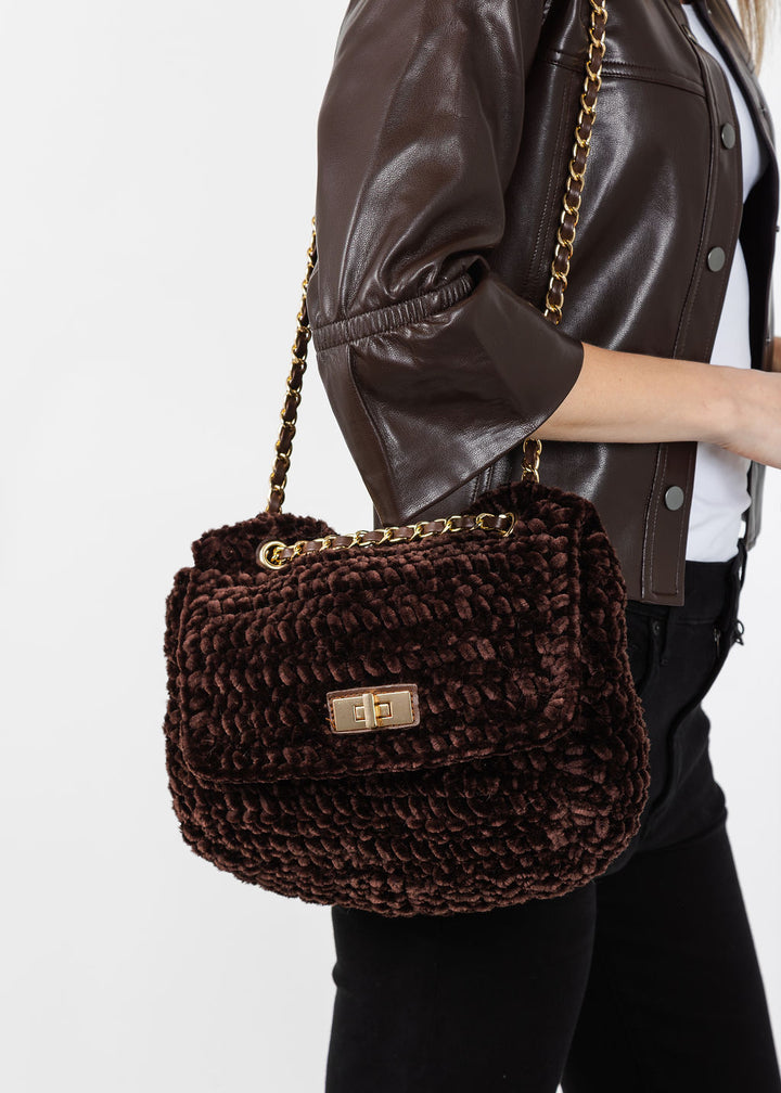 BK Chenille Flap Bag with Chain Strap in Brown available at Barbara Katz