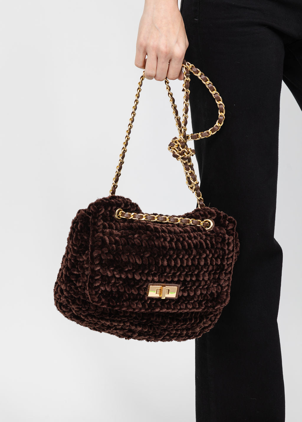 BK Chenille Flap Bag with Chain Strap in Brown available at Barbara Katz