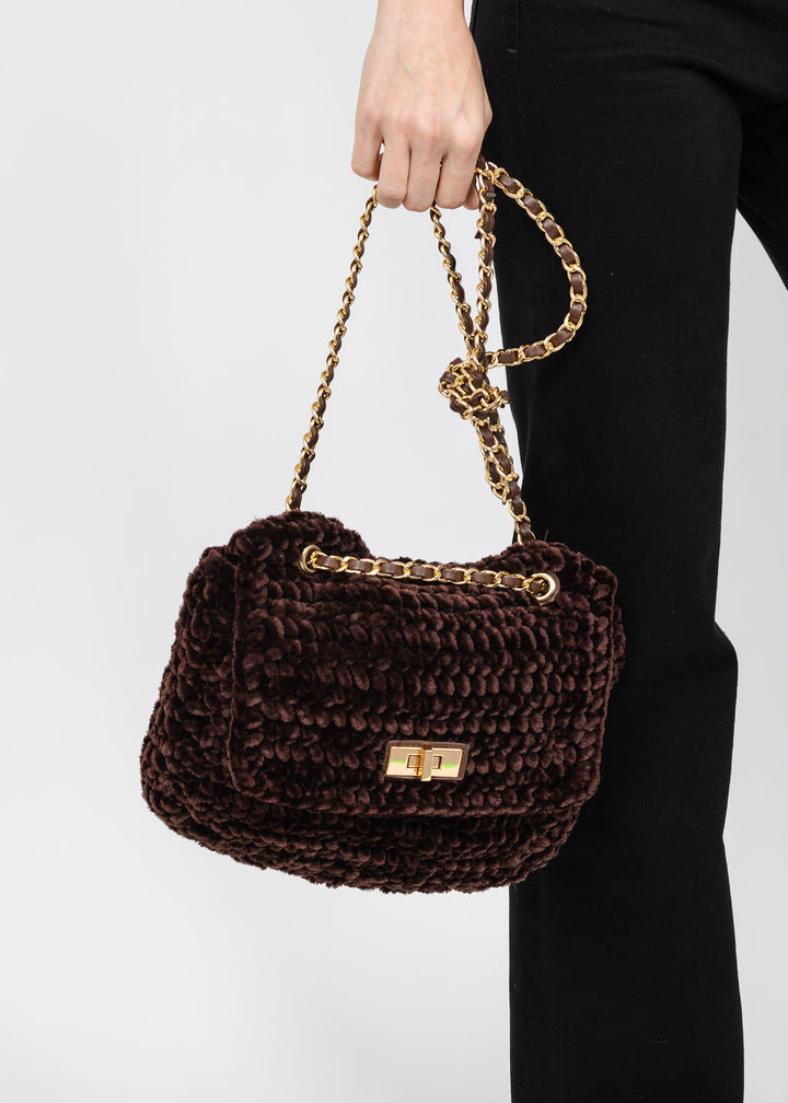 BK Chenille Flap Bag with Chain Strap in Brown available at Barbara Katz