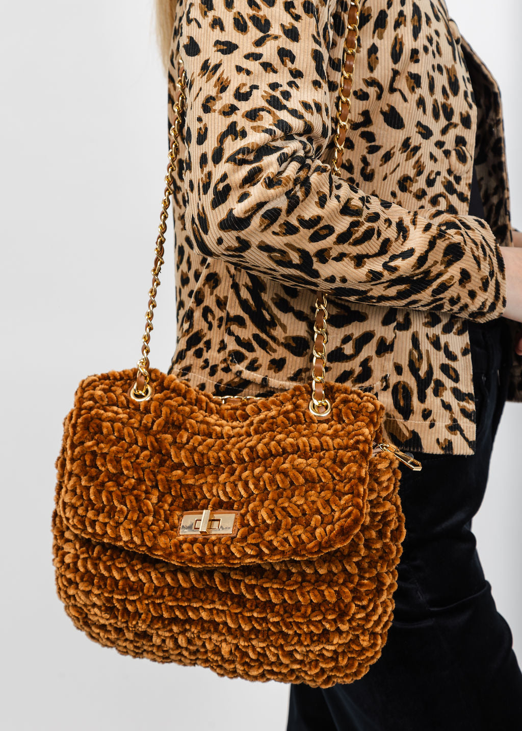 BK Chenille Flap Bag with Chain Strap in Caramel available at Barbara Katz
