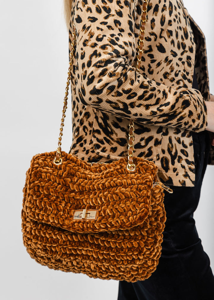 BK Chenille Flap Bag with Chain Strap in Caramel available at Barbara Katz