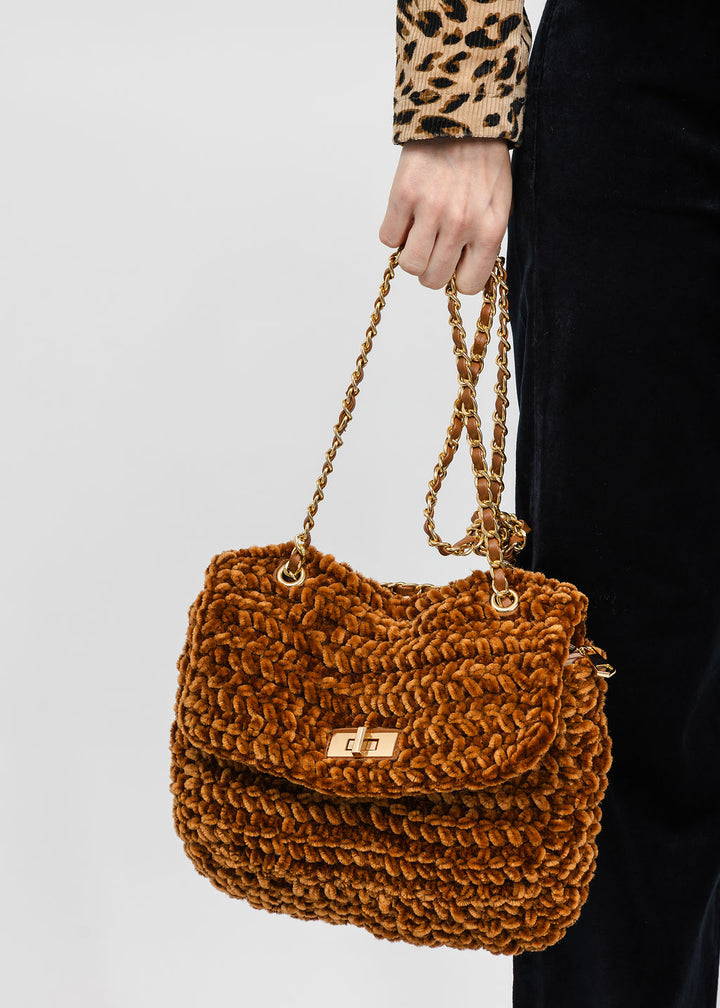 BK Chenille Flap Bag with Chain Strap in Caramel available at Barbara Katz