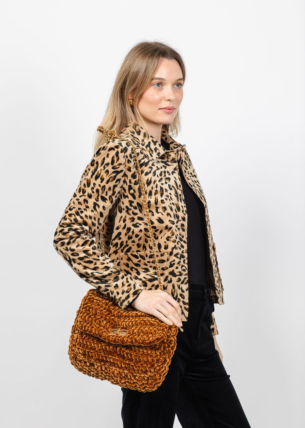 BK Chenille Flap Bag with Chain Strap in Caramel available at Barbara Katz
