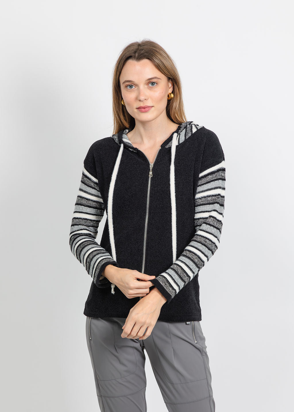 BK Chenille Stripe Sleeve Hoodie in Black/White available at Barbara Katz