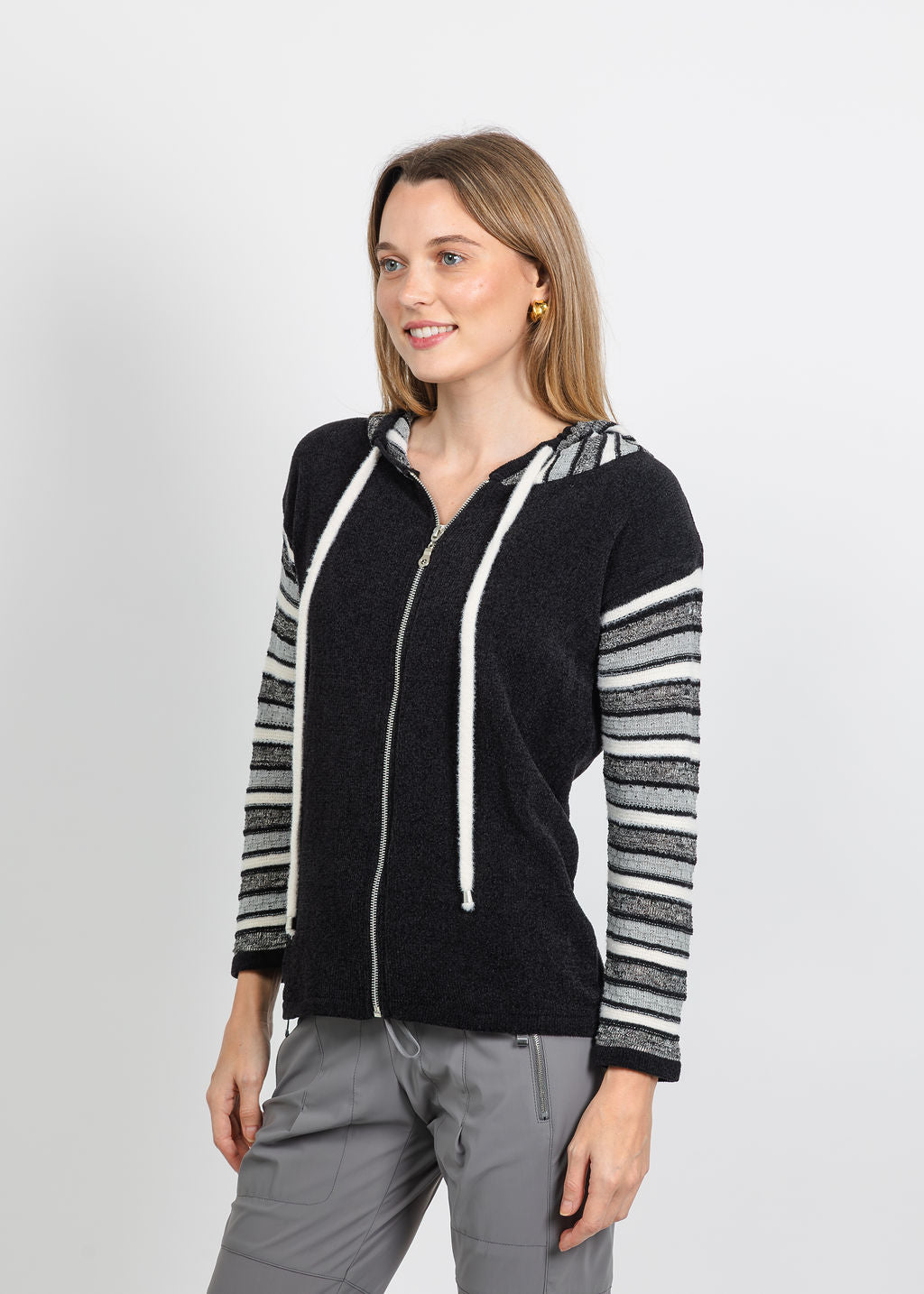 BK Chenille Stripe Sleeve Hoodie in Black/White available at Barbara Katz