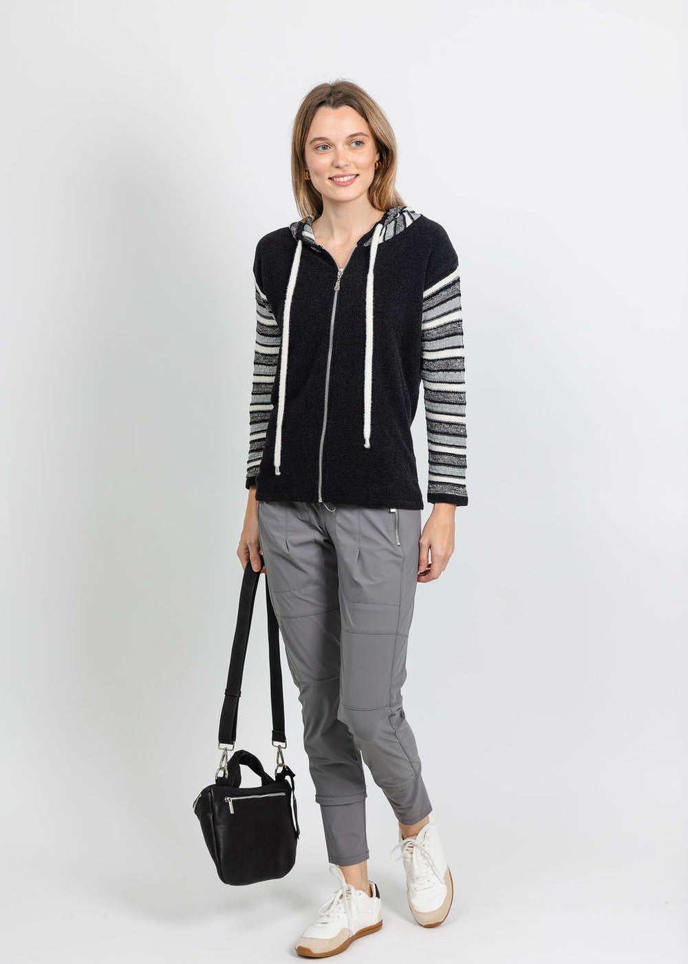 BK Chenille Stripe Sleeve Hoodie in Black/White available at Barbara Katz