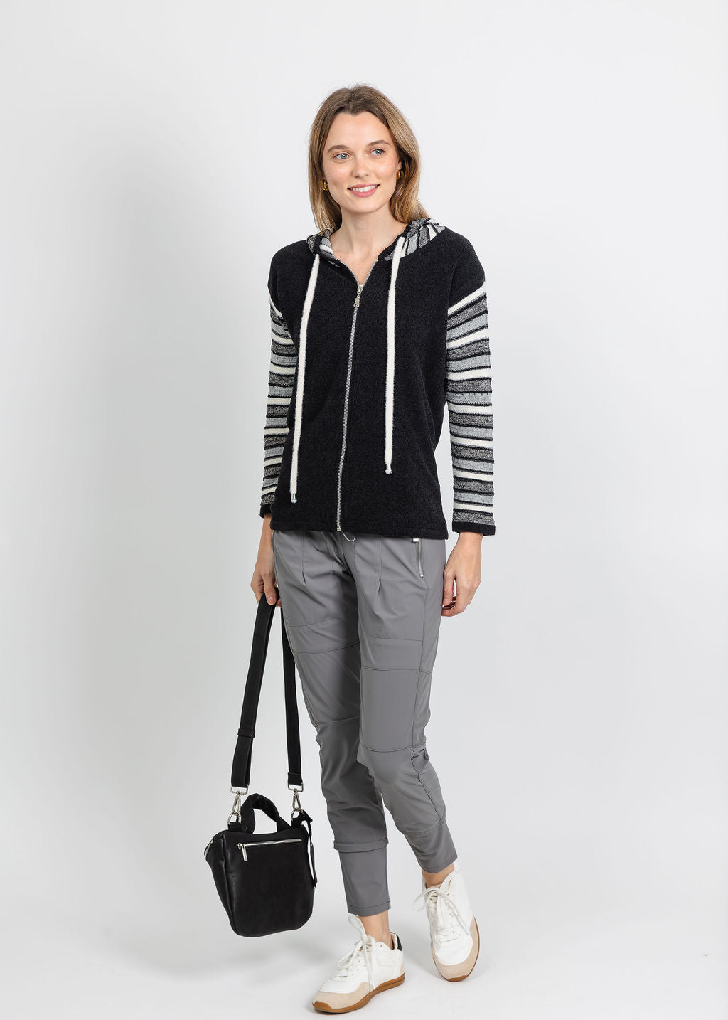 BK Chenille Stripe Sleeve Hoodie in Black/White available at Barbara Katz