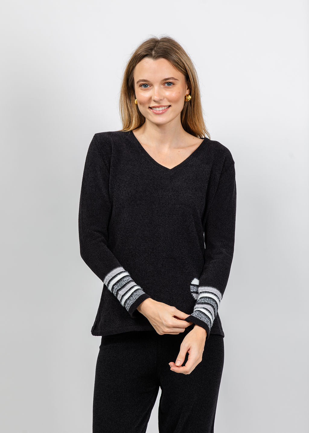 BK Chenille V Neck Sweater With Heart in Black/White available at Barbara Katz