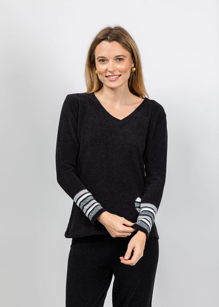 BK Chenille V Neck Sweater With Heart in Black/White available at Barbara Katz