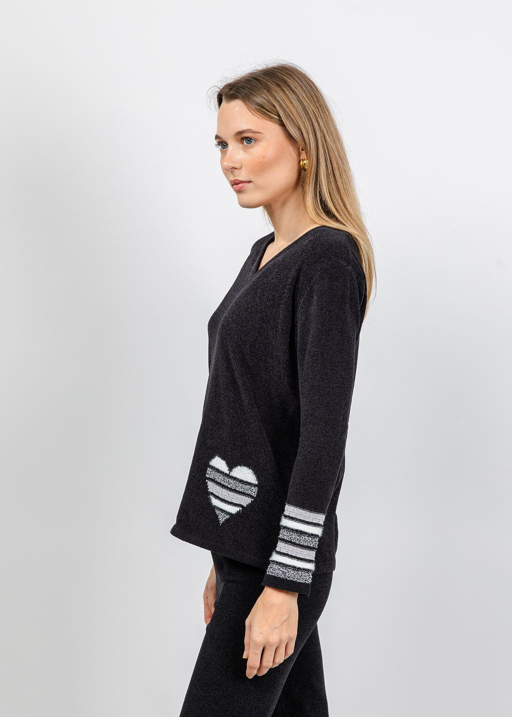 BK Chenille V Neck Sweater With Heart in Black/White available at Barbara Katz