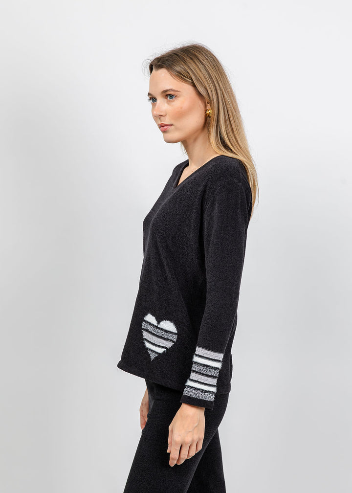 BK Chenille V Neck Sweater With Heart in Black/White available at Barbara Katz