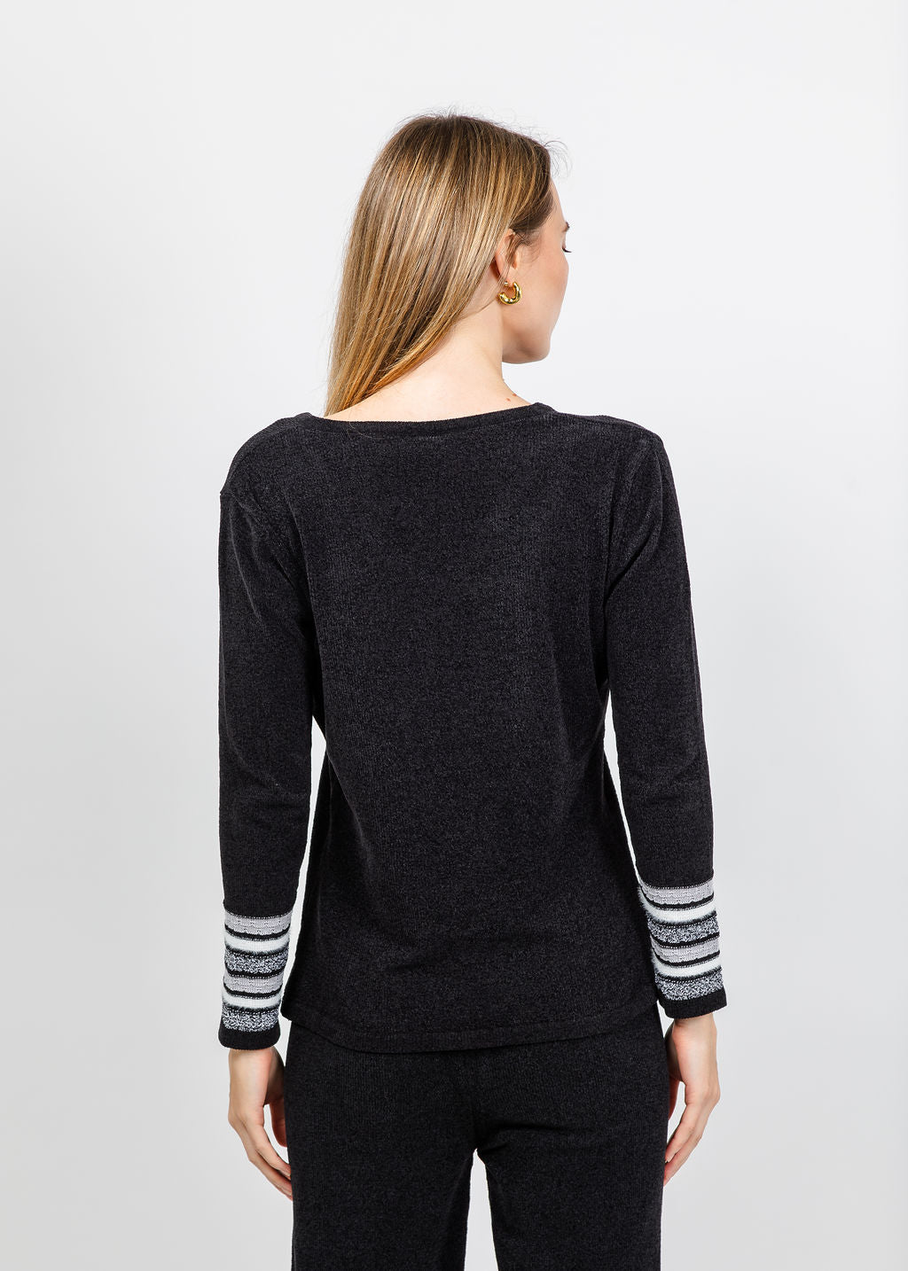 BK Chenille V Neck Sweater With Heart in Black/White available at Barbara Katz
