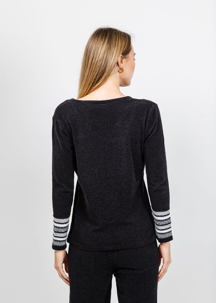BK Chenille V Neck Sweater With Heart in Black/White available at Barbara Katz