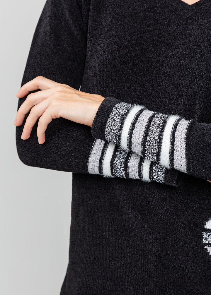 BK Chenille V Neck Sweater With Heart in Black/White available at Barbara Katz