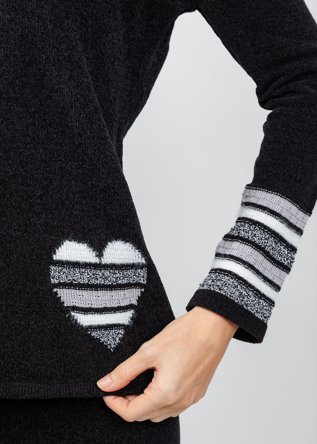 BK Chenille V Neck Sweater With Heart in Black/White available at Barbara Katz