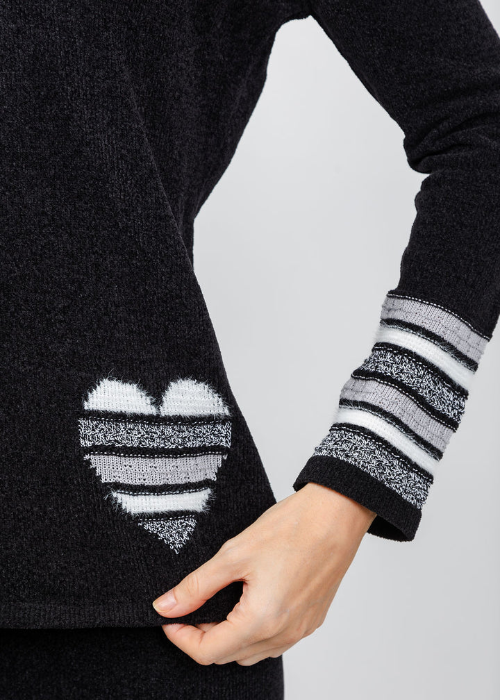 BK Chenille V Neck Sweater With Heart in Black/White available at Barbara Katz