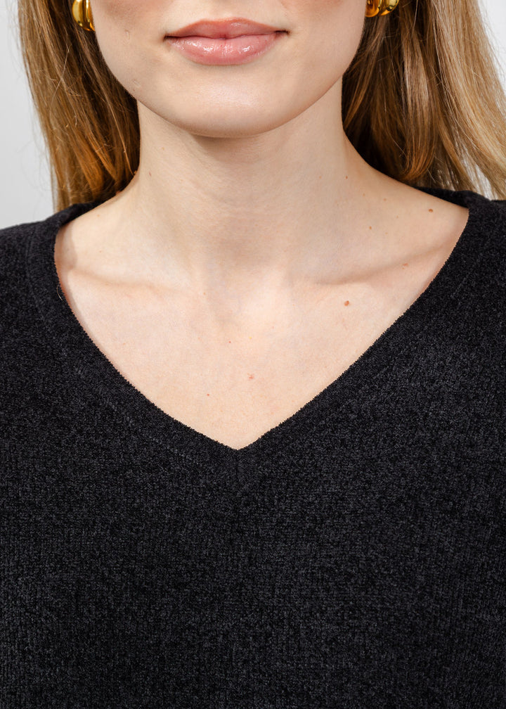 BK Chenille V Neck Sweater With Heart in Black/White available at Barbara Katz
