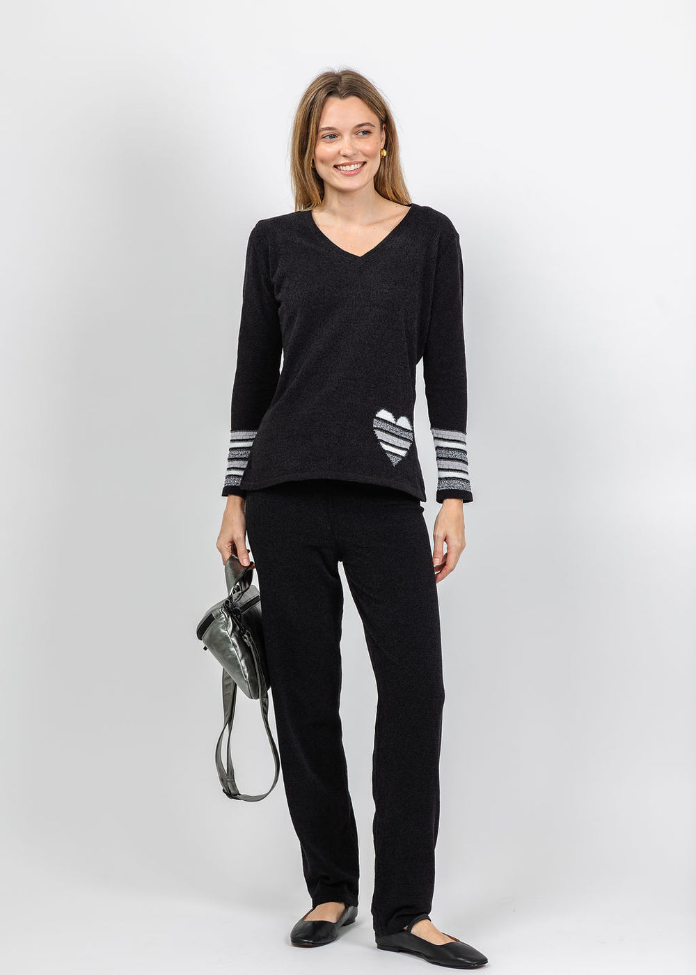 BK Chenille V Neck Sweater With Heart in Black/White and Black Chenille Pants available at Barbara Katz