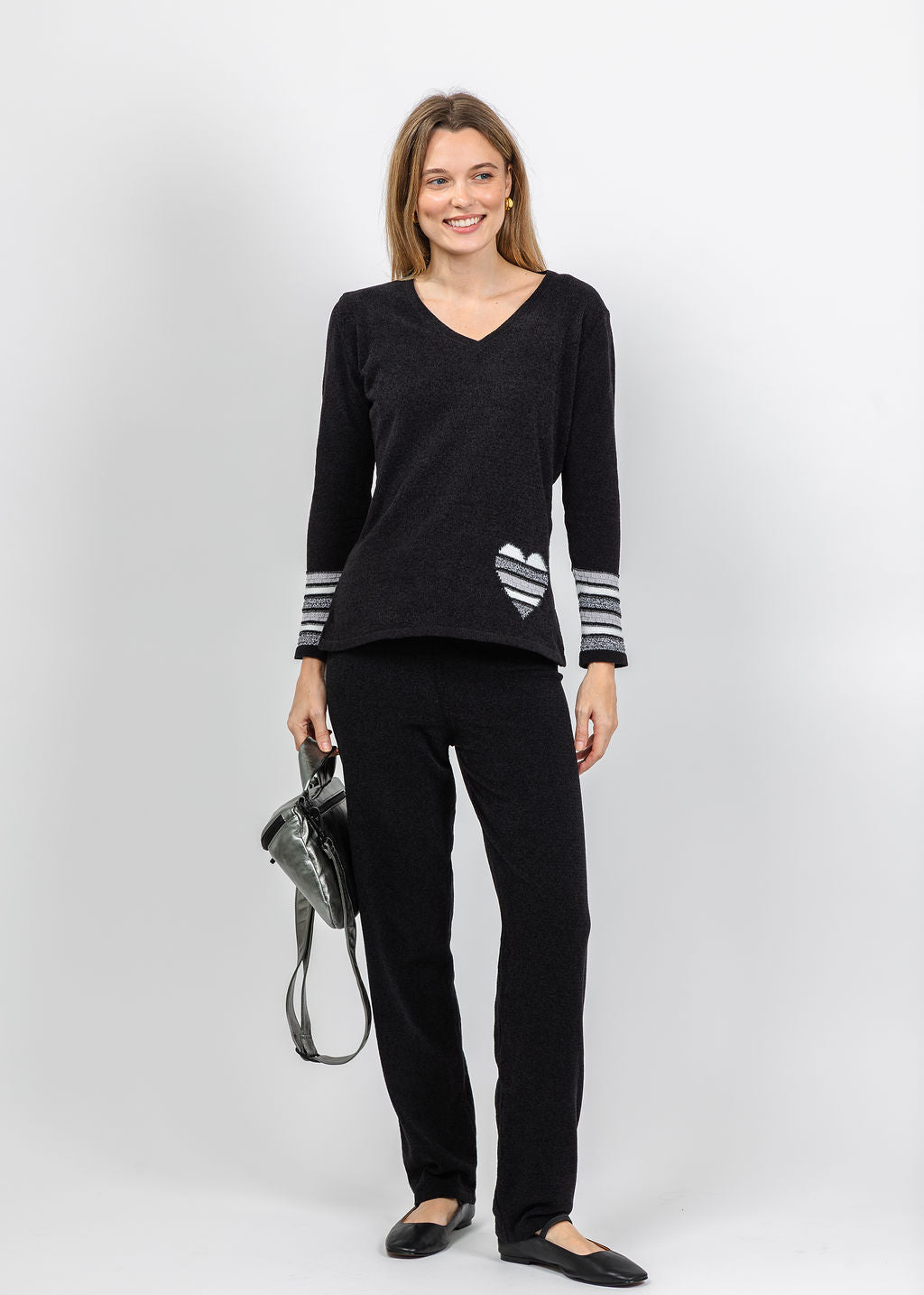 BK Chenille V Neck Sweater With Heart in Black/White and Black Chenille Pants available at Barbara Katz