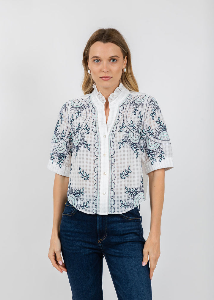 BK Clarissa Ruffle Blouse in White available at Barbara Katz