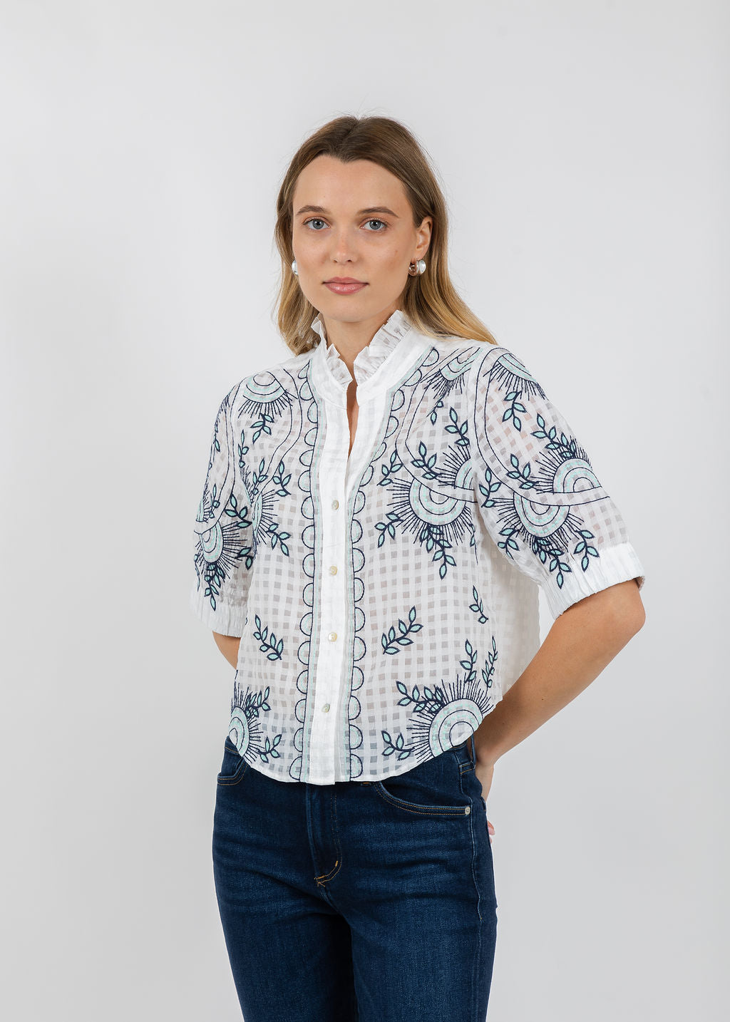 BK Clarissa Ruffle Blouse in White available at Barbara Katz