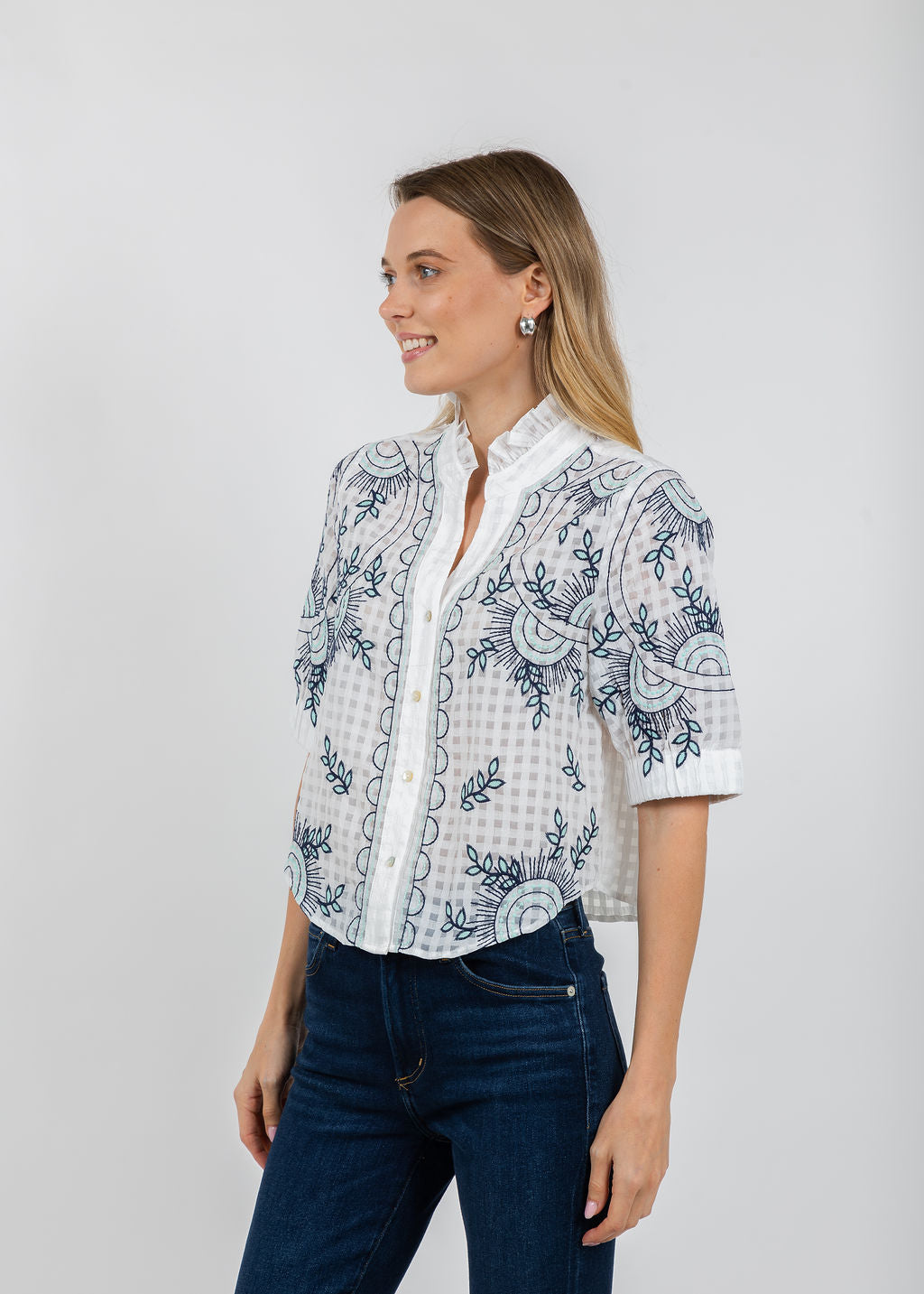 BK Clarissa Ruffle Blouse in White available at Barbara Katz