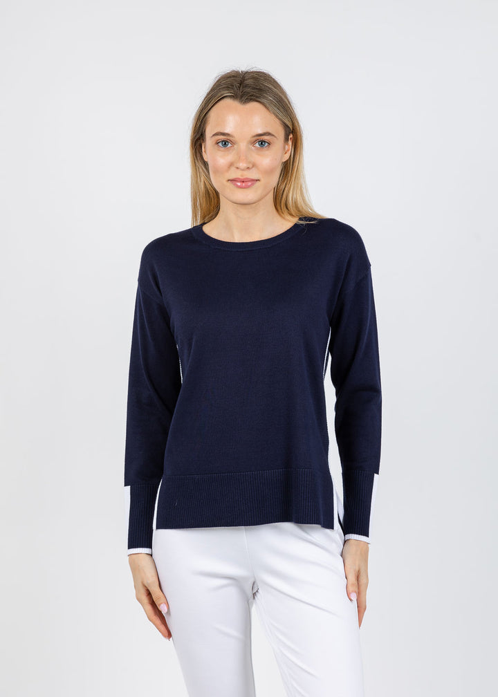 BK Claudia Color Block Crew Sweater in Navy/White available at Barbara Katz