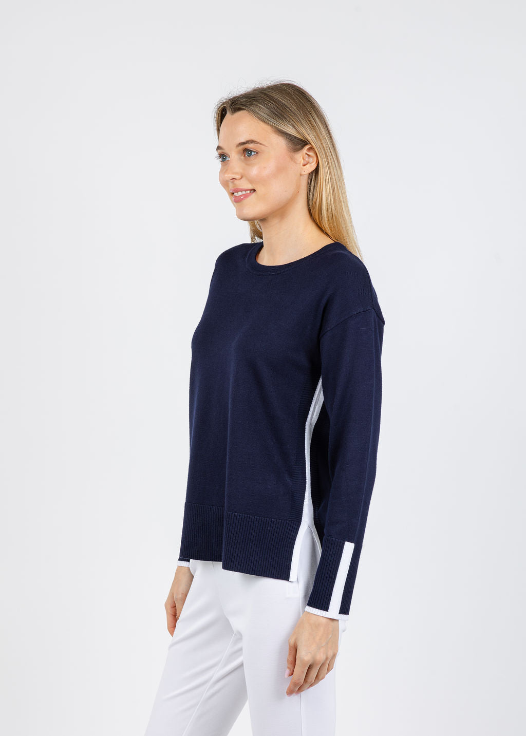 BK Claudia Color Block Crew Sweater in Navy/White available at Barbara Katz