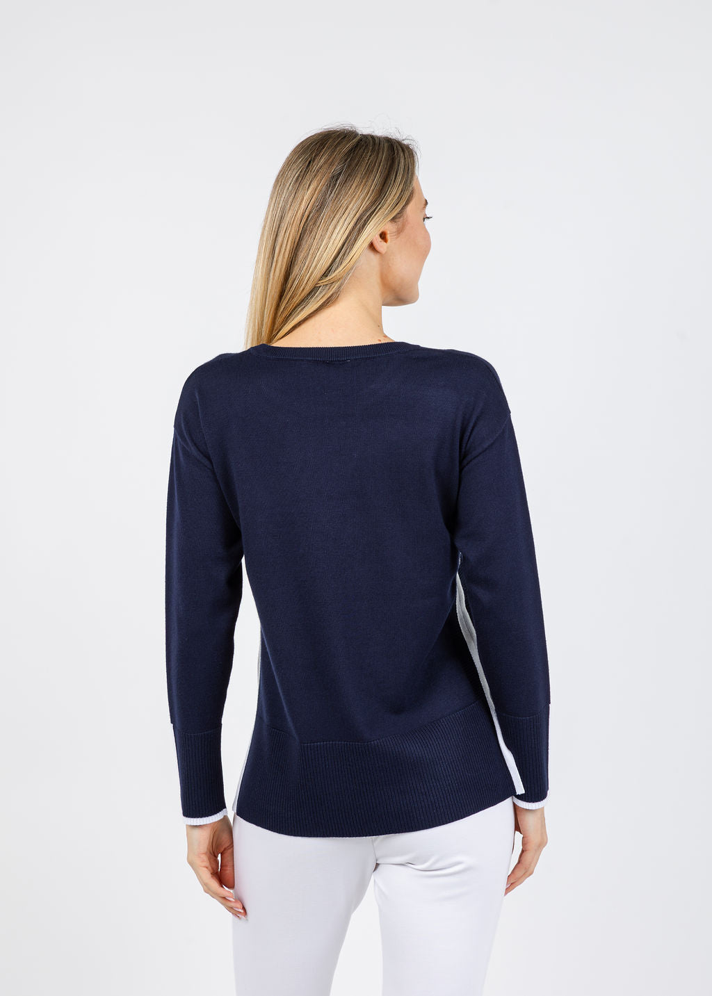 BK Claudia Color Block Crew Sweater in Navy/White available at Barbara Katz